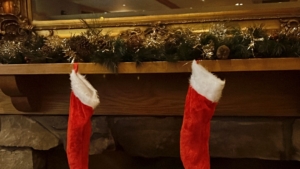 Christmas at The Loans with stocking hanging from the fireplace